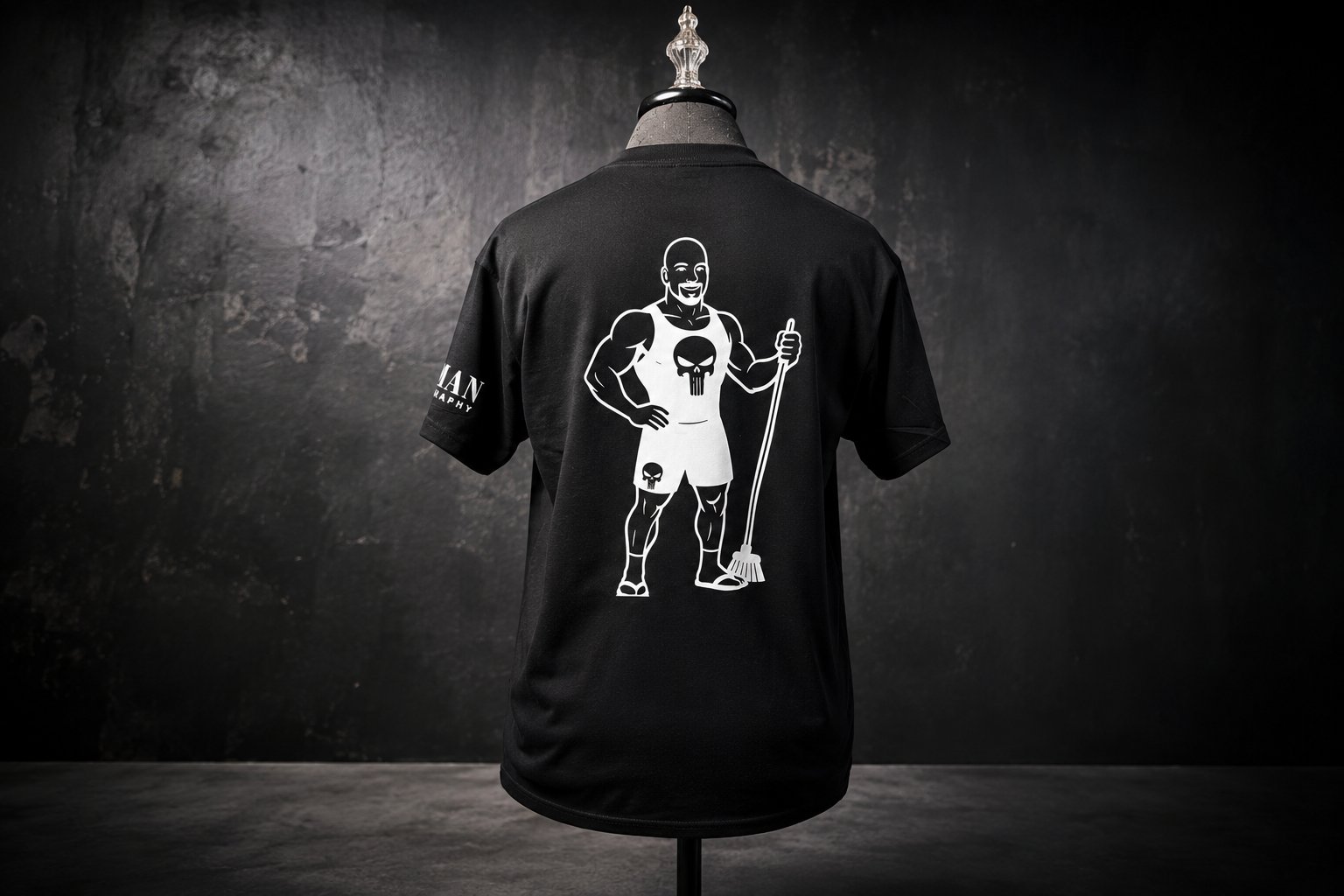 Black t-shirt on a mannequin printed with a custom Swole Janitor mascot graphic of a muscular figure holding a broom