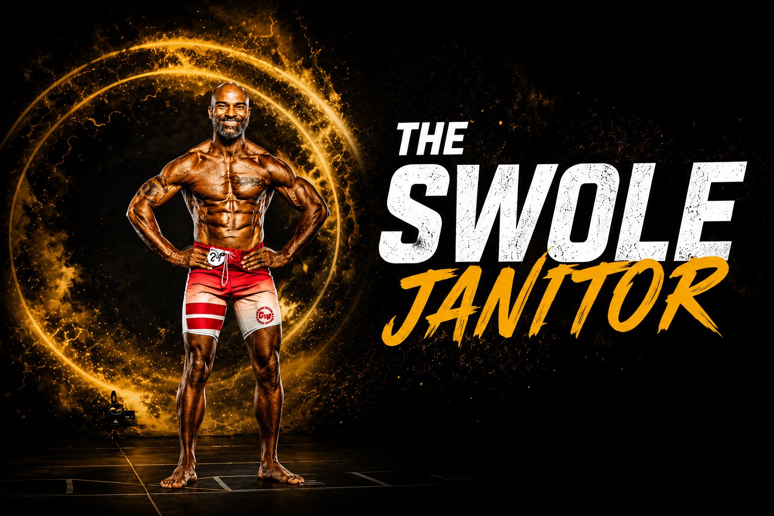 The Swole Janitor brand identity graphic: a physique athlete posed inside a golden energy ring beside bold custom typography