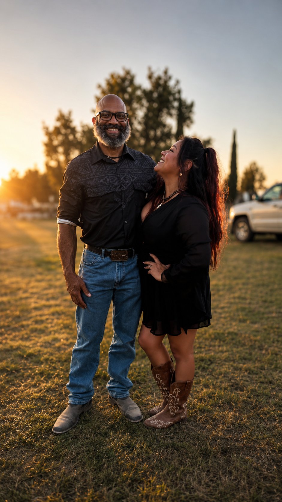 The Eshelman family at golden hour &mdash; a smiling couple in western wear standing in a sunlit field