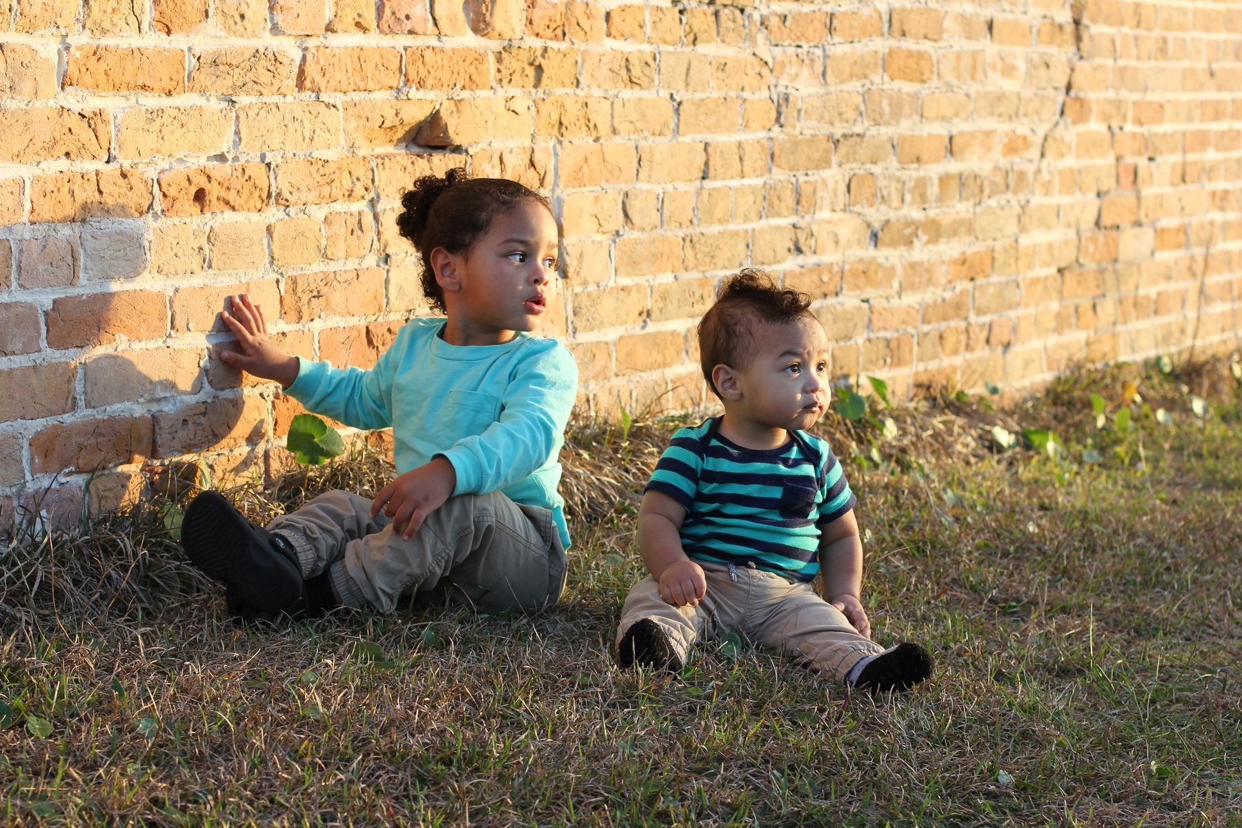 Two small brothers sitting in the grass along a weathered brick wall