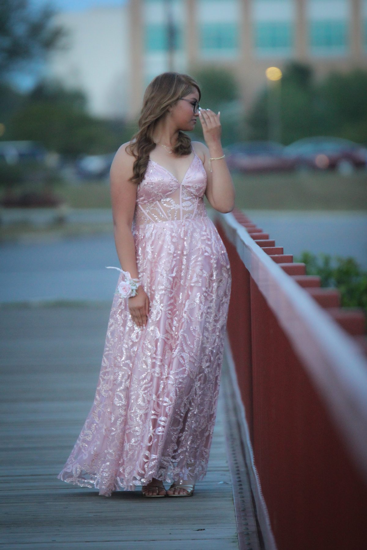 Prom portrait in a pink lace gown on a red bridge